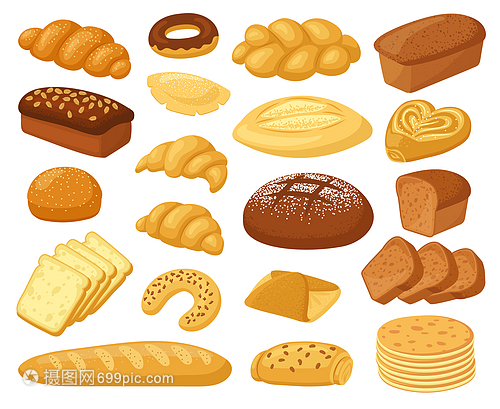 卡通面包产品卷和甜圈蛋糕和面包甜圈糕点小麦产品矢量说明全谷物小麦面包和用于商店面和糕点小麦产品矢量说明